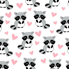 Cute Raccoon and pink heart seamless. Woodland cute animal pattern background. illustration