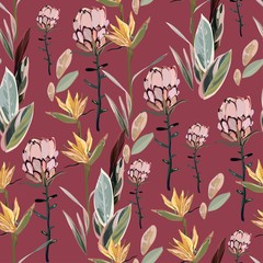 Tropical flowers, protea and strelitzia and palm leaves on a red background. Hand-drawn seamless vector pattern. Square repeating design for fabric, cards, wallpapers