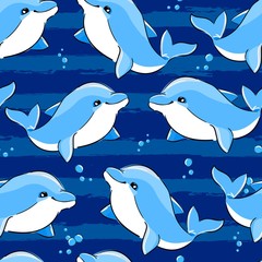 Dolphin print seamless texture for textile, fabric, swimsuit. Marine theme, ocean. Summer graphic design pattern with cute fishes. Vector.