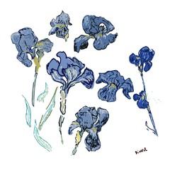 Irises flowers. Vector illustration, seamless pattern based on the oil painting of Van Gogh.