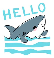 Hand drawn graphic design with shark and inscription - Hello. Sketch fish sea. Childish print design for fabric, t-shirts, poster, background. Vector