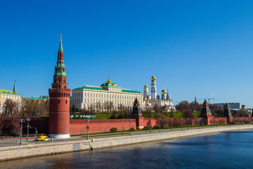 Fototapeta premium Covid-19, quarantine in Moscow, coronavirus in Russia. Empty streets without people. Self-quarantine in deserted city due to Covid virus pandemic. Kremlin embankment