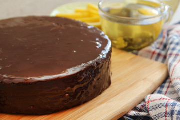 Traditional Austrian cake with green tea