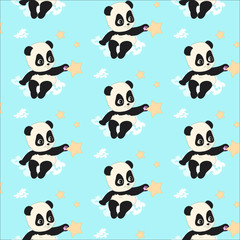Cartoon sweet panda seamless pattern. Unique little vector animal on the cloud. Panda illustration elements isolated on white perfect for print and all kinds of children design.