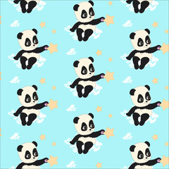 Cartoon sweet panda seamless pattern. Unique little vector animal on the cloud. Panda illustration elements isolated on white perfect for print and all kinds of children design.