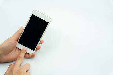 Operate smartphone on white background	