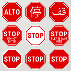 Stop Road Sign Set. Different Versions, also Spanish and Chinese Version. Vector Illustration