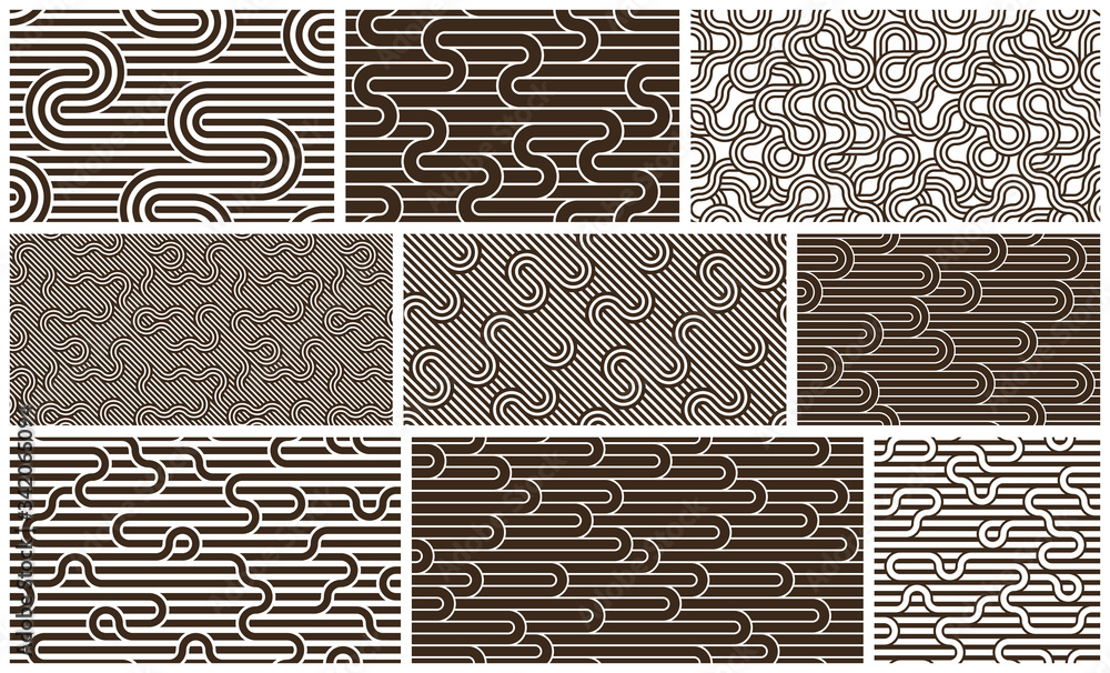 Aufkleber lined seamless vector patterns with twisted lines, geometric abstract backgrounds set, stripy net, o