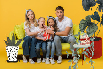 Fototapeta premium surprised family watching movie on sofa with popcorn bucket on yellow, plants illustration