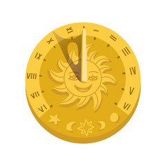 Top view of sundial icon with shadow. Concept of clock face with roman numerals, timer silhouette, measuring, astrology, sun character face . Flat style trendy vector illustration on white background