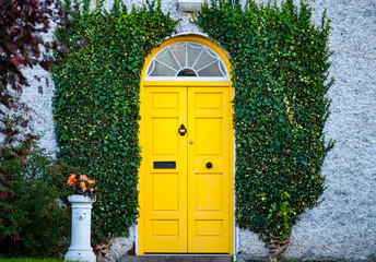 Yellow style Georgian door, green Ivy growing on the walls