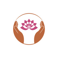 Logo design for spa salon with hands holding a beautiful pink lotus flower isolated on white background