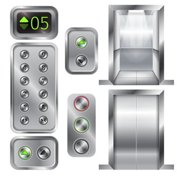 Elevator design set with closed, open doors and button panel isolated 3d vector illustration. Realistic metal or steel lift cabin, chrome buttons, digital panel with red and green lights, arrows.