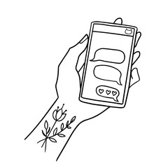 Female flower inked hand line art illustration holding a smartphone with an open chatting app. Mobile connection, communication concept