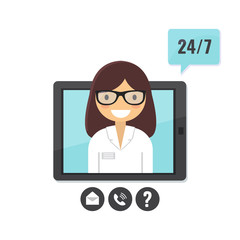 Online female doctor concept. Patient consultation via tablet computer, medical support application, Online medical advise. Vector stock illustration in flat style.