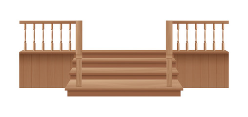 Wooden porch stairs and handrail for home entrance - realistic wood staircase