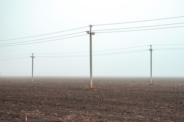 Three high concrete poles with electric wires in a foggy field. messaging through kilometers. power grid in an empty field