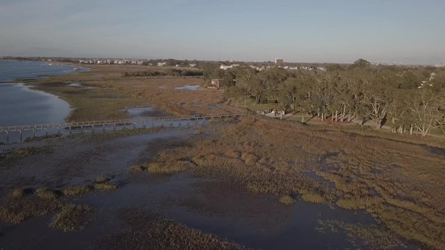 Coastal scenery at sunset with dock and intracoastal waterway
