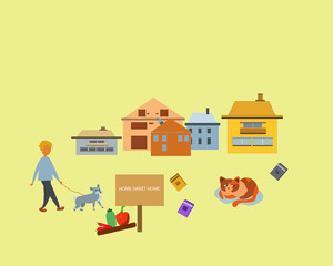 Illustration with a set of cute houses in stele flat: work from home, cooking, dog walking and other Hobbies in quarantine