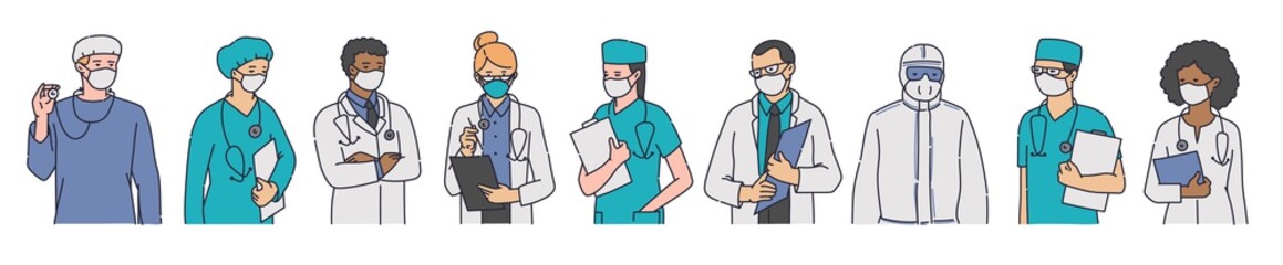 Doctors in masks during coronavirus pandemic sketch vector illustration isolated.