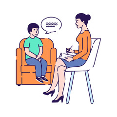 Psychologist talking to a child vector illustration. Treatment of kid stress, addictions and mental problems. Family psychology. Isolated cartoon characters on a white background