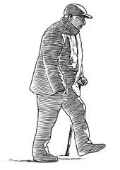 Sketch of old man with stick walking outdoor