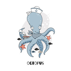 Cartoon funny octopus card. Hand drawn illustration.