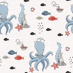Cartoon funny octopus seamless pattern. Hand drawn illustration.