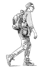 Fototapeta na wymiar Sketch of tourist man with backpack striding along street