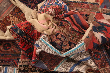 Old and modern Persian Colourful Arabesque and handmade carpet, rug gelim, patchwork, and Gabbeh...