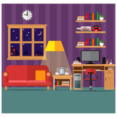 A cozy living room with a sofa, computer, books and a window. Stay home. Vector illustration.