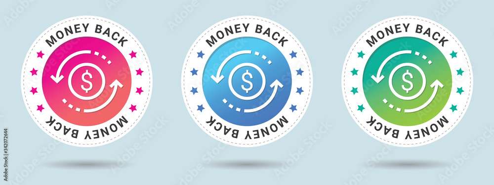 Aufkleber money back stamp vector illustration. vector certificate icon. set of 3 beautiful color gradients. v