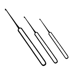 Hand-draw black vector illustration of set of metallic Crochet hooks tools isolated on a white background