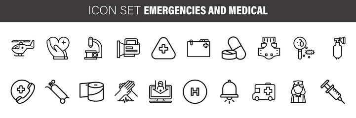 Emergency medical line icon set on theme coronovirus. Included icons as gas mask, lungs, blood test, ambulance, facemask, stethoscope, and more © Eli Berr