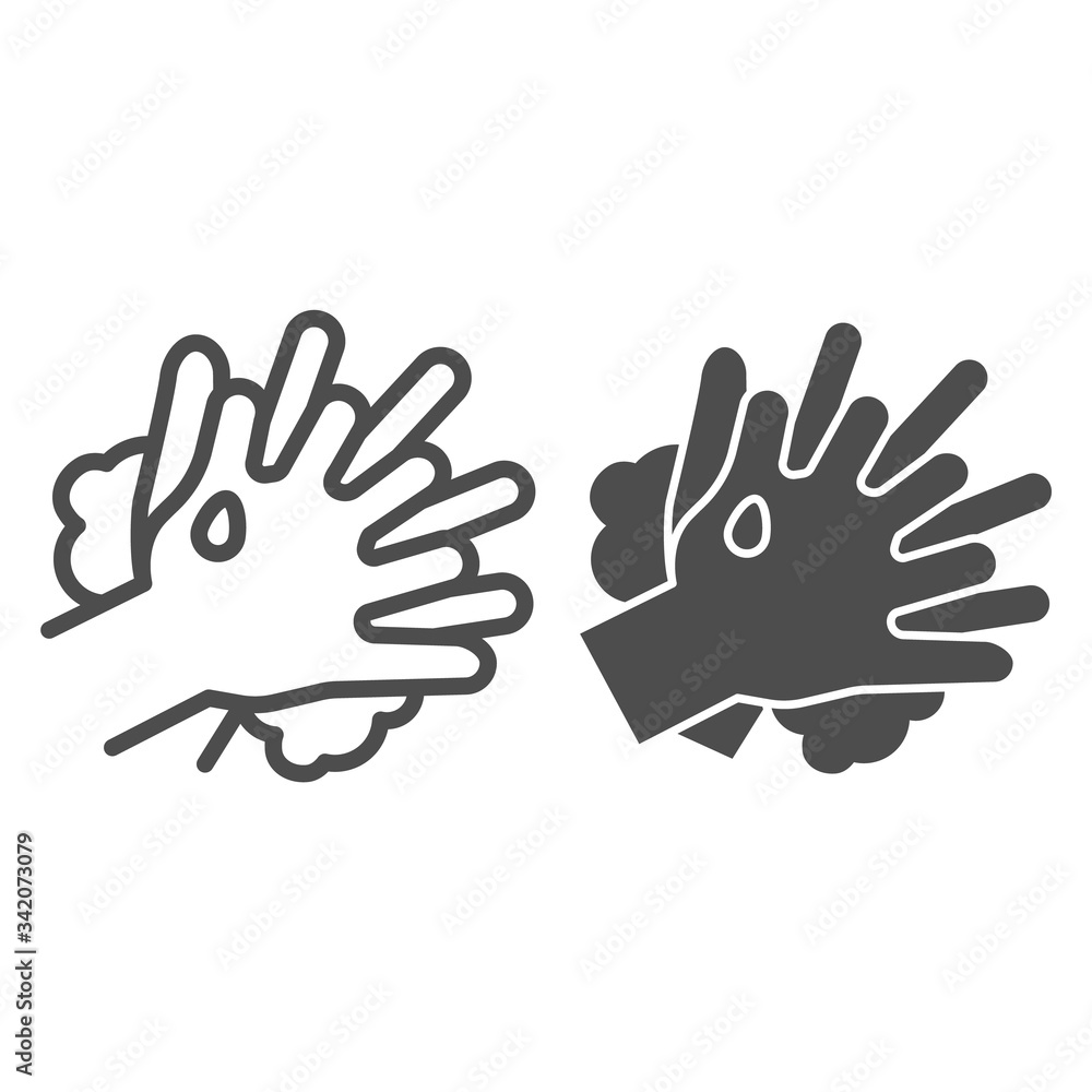 Poster washing hands instruction and solid line icon. properly clean between fingers outline style pictogra