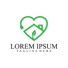 Love Home Electricity Logo Design. Green House and Electricity Shape Within, House with Heart Symbol Illustration Isolated on White Background.