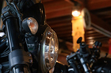 Close-up Ducati black triumph of shine of the motorbike parts