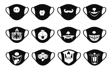 Medical antiviral masks icons set with funny faces vector illustration isolated.