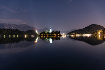 Naklejka na ściany i meble Panorama on Lake Bled in Slovenia at night