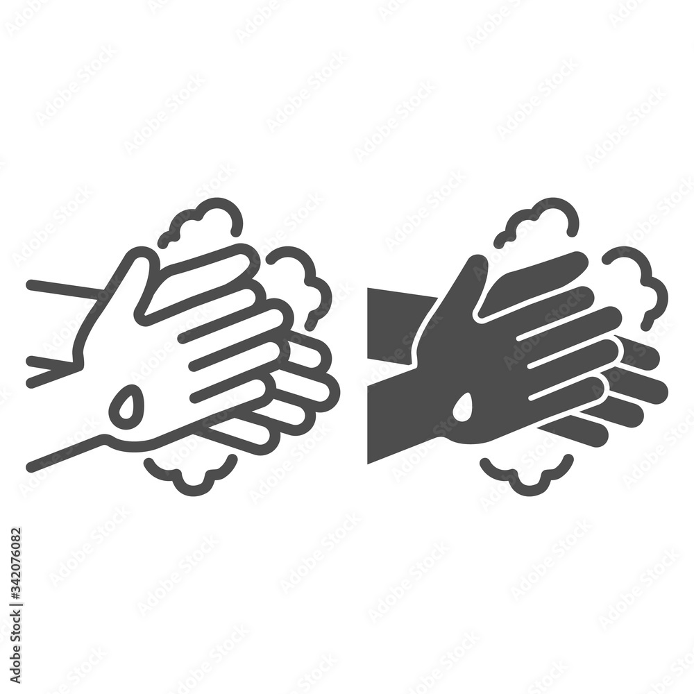 Poster wash hands with soap line and solid icon. hygiene in covid-19 pandemic outline style pictogram on wh