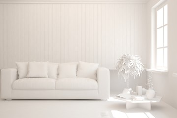 White minimalist living room with sofa. Scandinavian interior design. 3D illustration