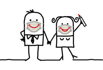 Cartoon happy couple wearing hand-made protection masks with big smiles