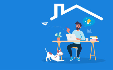 Young and smart businessman working at living spaces with dog. Study or work at home by internet and video conference are useful in the spread of coronavirus (covid-19) infection period.
