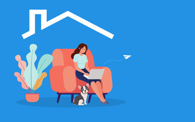 Young and smart businessman working at living spaces with dog. Study or work at home by internet and video conference are useful in the spread of coronavirus (covid-19) infection period.