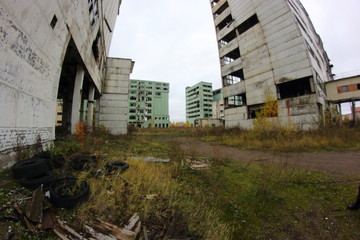 a complex of abandoned industrial buildings in the middle of the forest