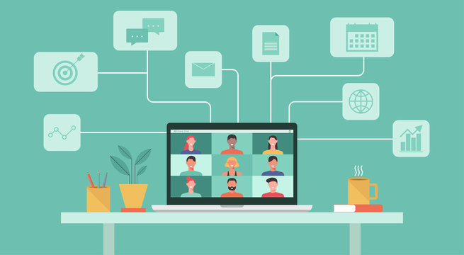 People Connecting Together, Learning Or Meeting Online With Teleconference, Video Conference Remote Working Concept, Work From Home, Work From Anywhere And New Normal Concept, Vector Flat Illustration