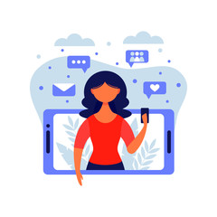 Woman holding smartphone and chatting in messenger or social network. Internet communication, online instant messaging or information exchange. Vector illustration in flat cartoon style.