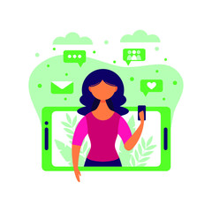 Woman holding smartphone and chatting in messenger or social network. Internet communication, online instant messaging or information exchange. Vector illustration in flat cartoon style.