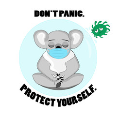 koala bear. virus. do not panic. protect yourself from respiratory infection. face mask.