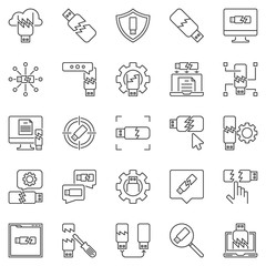 Damaged USB Flash Drive outline icons set. Vector Broken USB memory stick concept linear symbols or design elements